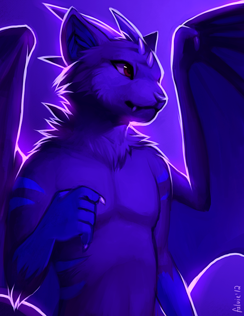 blue_markings canine cool_colors dragon falvie fur horn hybrid male mammal markings nude purple_background purple_fur purple_theme red_eyes scalie solo topless unknown_species wings wolf