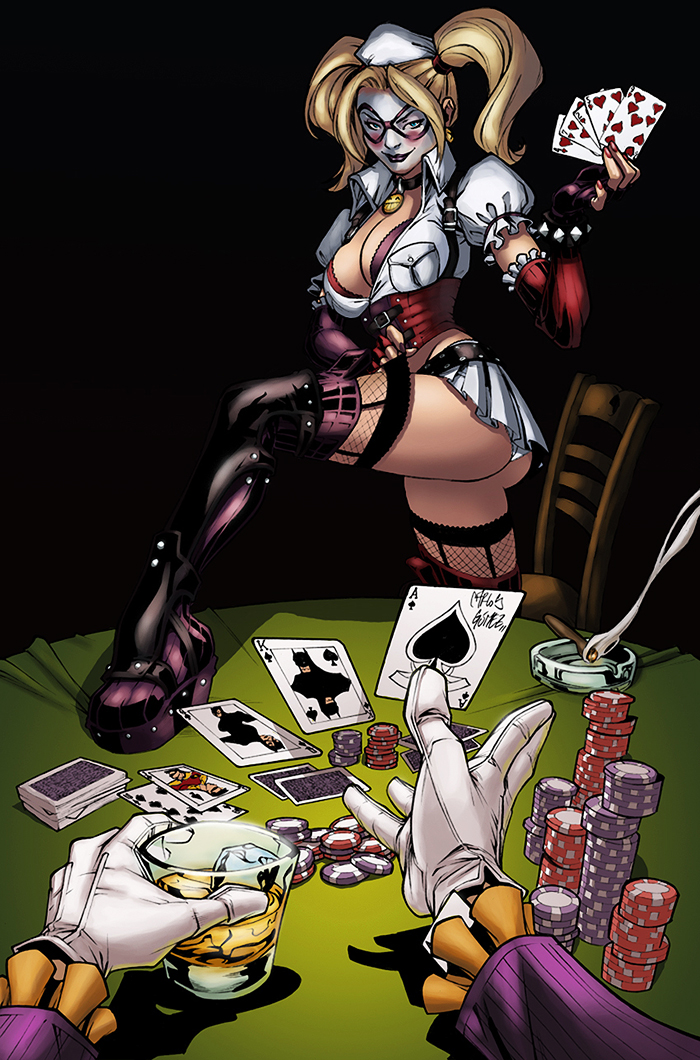 1boy 1girl ace ashtray batman batman_(series) blonde_hair blue_eyes blush boots bracelet breasts card catwoman cigar cleavage collar dc_comics domino_mask facepaint fishnets glass gloves harley_quinn hat ice jewelry joker lipstick makeup mask miniskirt nurse nurse_cap open_clothes open_shirt playing_card pov robin robin_(dc) skirt smile spiked_bracelet spikes strap_pull strip the_joker thigh_boots thighhighs twintails undressing