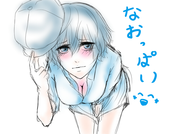 bad_id bad_pixiv_id blue_eyes blue_hair blush breasts cabbie_hat cleavage collared_shirt crossdressing hat leaning_over lips looking_at_viewer pean_(mizuki613) persona persona_4 shirogane_naoto shirt short_hair solo