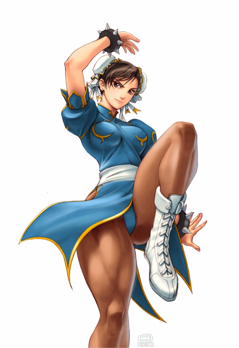 bad_source bracelet china_dress chinese_clothes chun-li dress highres jewelry omar_dogan pantyhose pelvic_curtain sash solo spiked_bracelet spikes street_fighter thick_thighs thighs udon_entertainment