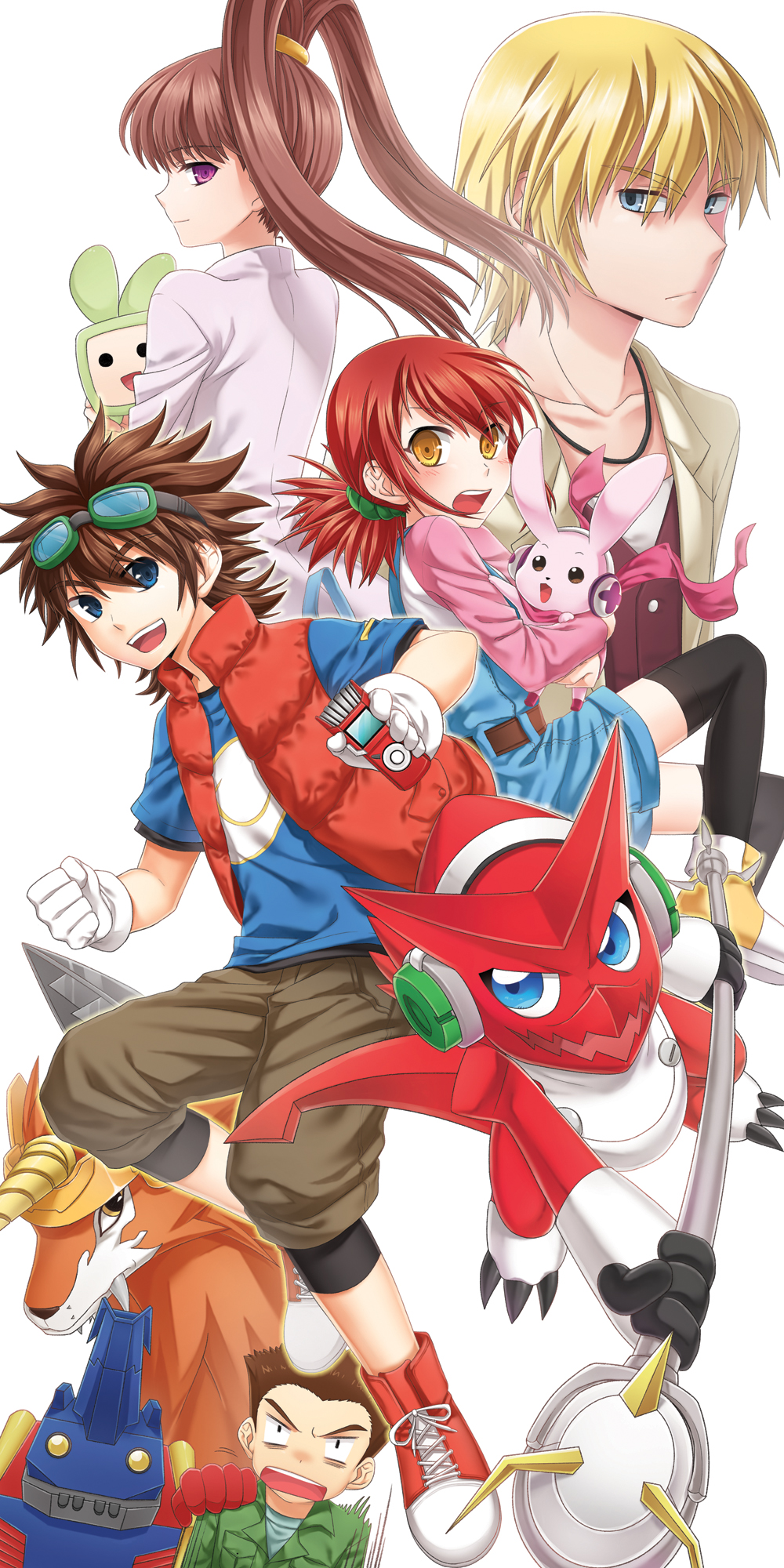 3boys :d amano_nene aonuma_kiriha ballistamon belt blonde_hair blue_eyes brown_hair claws creature cutemon digimon digimon_xros_wars digivice dorulumon drill fangs frown gloves goggles high_ponytail highres hinomoto_akari horn horns kudou_taiki long_hair long_sleeves microphone monimon monster multiple_boys multiple_girls open_mouth overalls purple_eyes red_hair short_hair short_sleeves shoutmon shye smile split_ponytail tail thighhighs tsurugi_zenjirou vest yellow_eyes