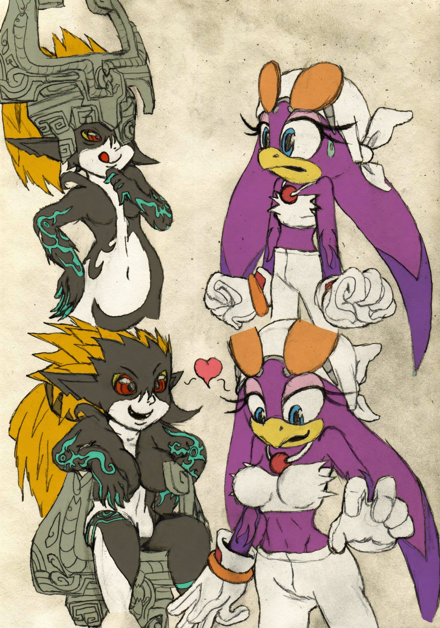 big_breasts bird breasts clothed clothing crossover expansion eyewear female goggles imp legend_of_zelda little-gray-bunny midna red_eyes sega skimpy sonic_(series) sonic_riders sonic_team swallow_(bird) sweat the_legend_of_zelda twilight_princess video_games wave_the_swallow wide_hips