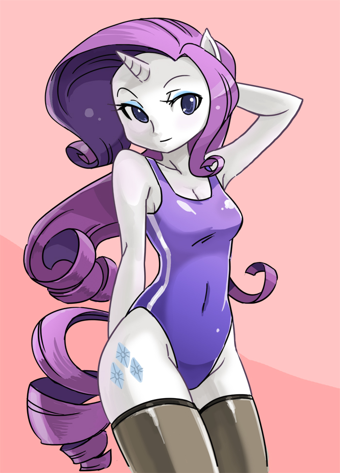 anthrofied breasts cleavage clothed clothing cutie_mark equine female friendship_is_magic horn horse legwear looking_at_viewer mammal my_little_pony one-piece_swimsuit plain_background pony rarity_(mlp) shepherd0821 solo stockings swim_suit swimsuit unicorn