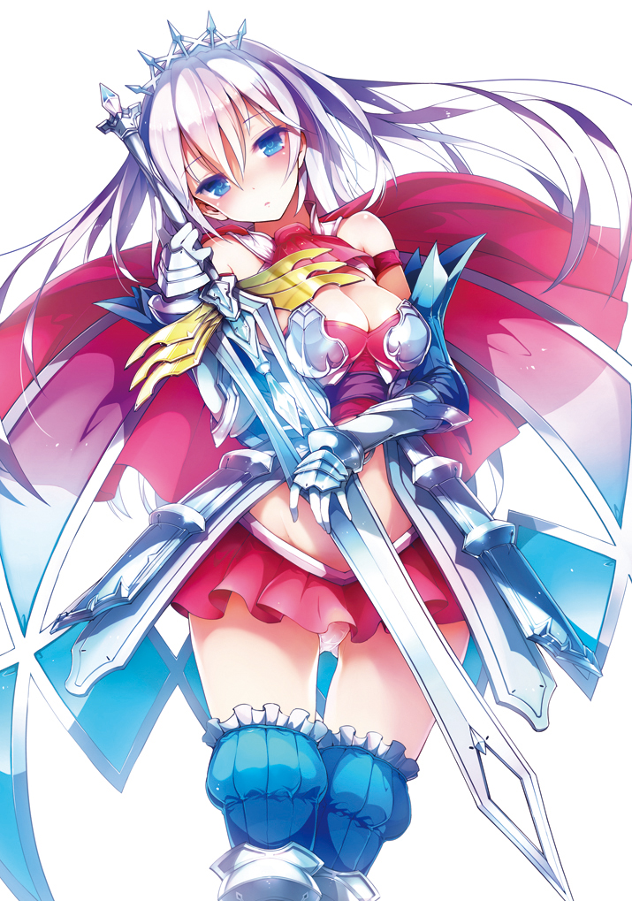 armor bare_shoulders blue_eyes boots breasts cape cleavage excelsior_to_shoukan_kishi gauntlets greaves groin head_tilt holding holding_sword holding_weapon long_hair looking_at_viewer medium_breasts midriff momi panties pyon-kichi simple_background skirt solo sword tiara underwear weapon white_background white_hair white_panties