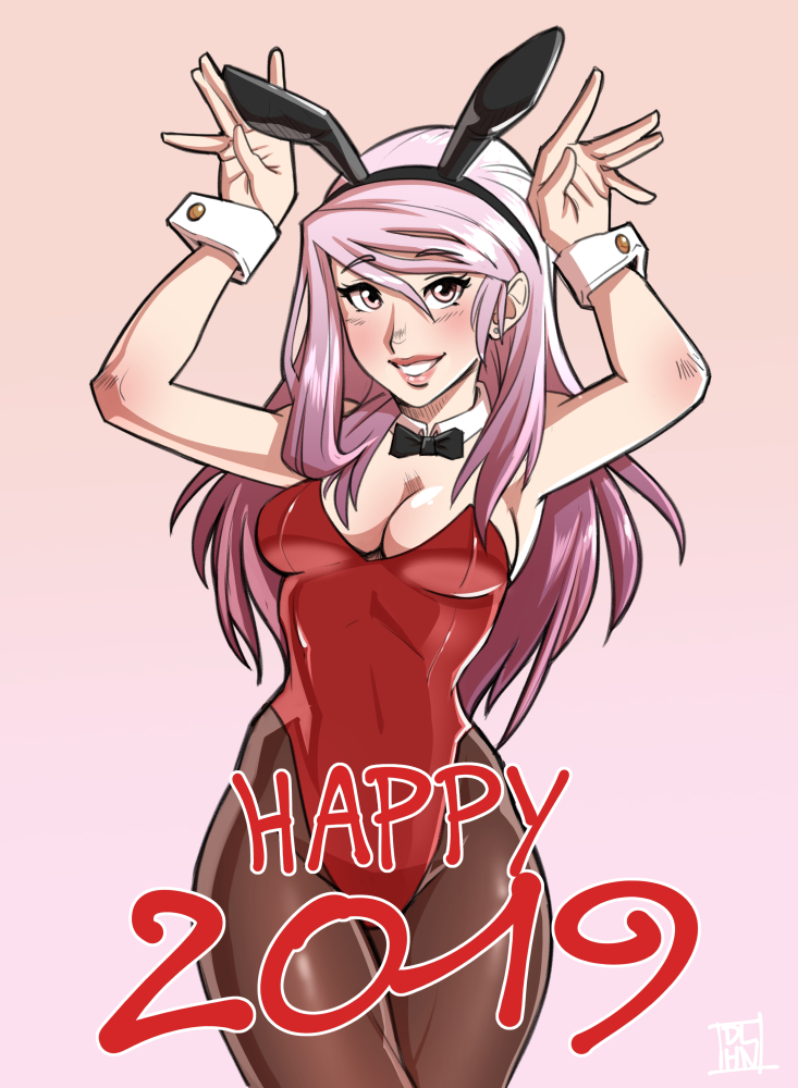 1girl 2019 animal_ears arms_up bangs beatrice_winfield blush bow bowtie breasts brown_legwear bunny_ears bunny_girl bunnysuit cleavage commentary cowboy_shot dalehan detached_collar english_commentary eyebrows_visible_through_hair fake_animal_ears happy_new_year highleg highleg_leotard leotard lips lipstick long_hair makeup medium_breasts new_year original pantyhose pink_background pink_eyes pink_hair red_leotard strapless strapless_leotard swept_bangs wrist_cuffs