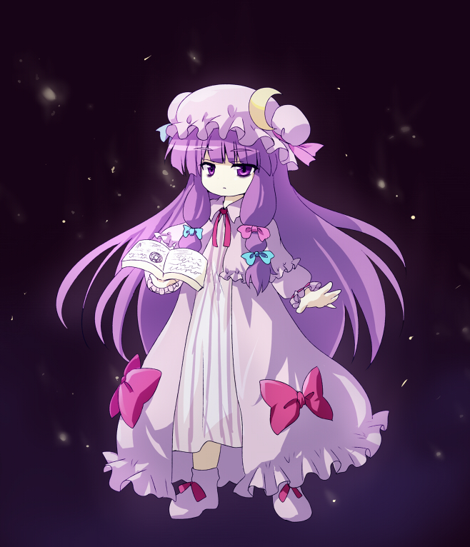 asyura7 bags_under_eyes book bow capelet crescent hair_bow hat long_hair long_sleeves patchouli_knowledge purple_eyes purple_hair solo standing touhou very_long_hair