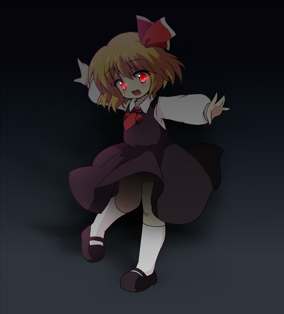 asyura7 blonde_hair fang glowing glowing_eyes hair_ribbon long_sleeves mary_janes open_mouth outstretched_arms red_eyes ribbon rumia shoes short_hair solo touhou