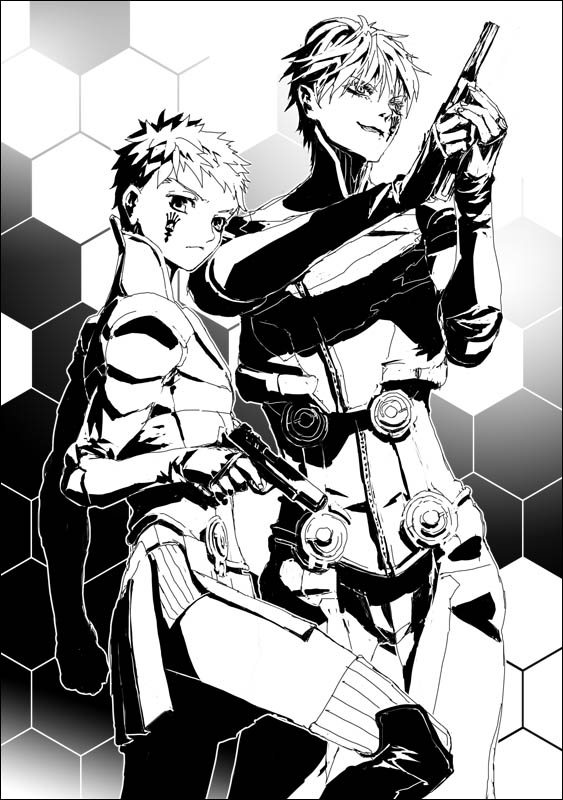 cosplay digital_devil_saga emiya_shirou facial_mark fate/stay_night fate_(series) gilgamesh greyscale gun high_contrast male_focus monochrome multiple_boys sera_(dds) sera_(dds)_(cosplay) serph serph_(cosplay) shaliva tattoo thighhighs weapon