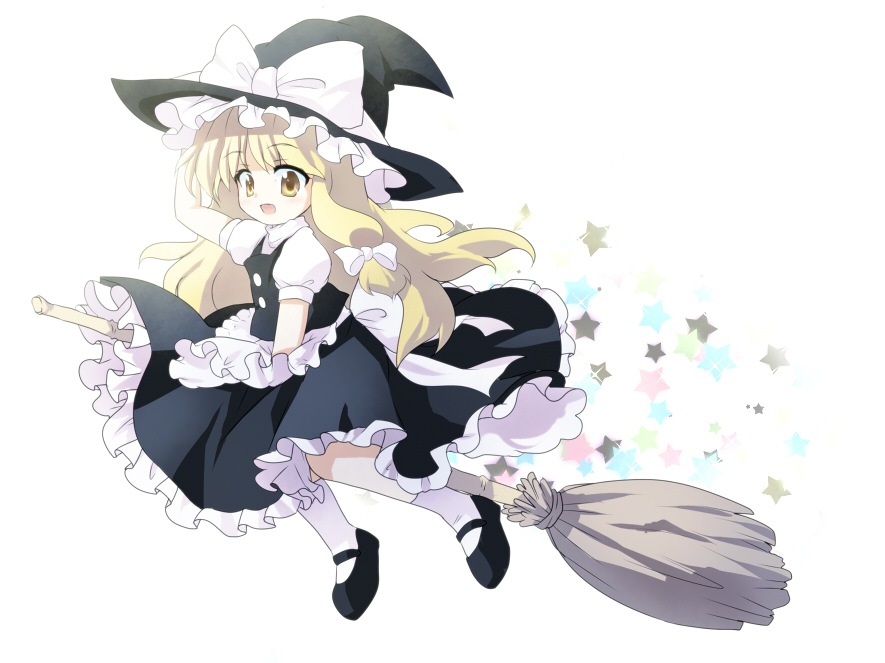 apron asyura7 blonde_hair bow broom hair_bow hat hat_bow kirisame_marisa long_hair mary_janes open_mouth puffy_sleeves shoes short_sleeves solo star touhou white_bow witch_hat yellow_eyes