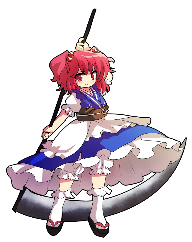 asyura7 bad_id bad_pixiv_id bloomers bobby_socks clog_sandals coin hair_bobbles hair_ornament obi onozuka_komachi puffy_sleeves red_eyes red_hair sash scythe short_hair short_sleeves smile socks solo touhou two_side_up underwear weapon white_background white_legwear