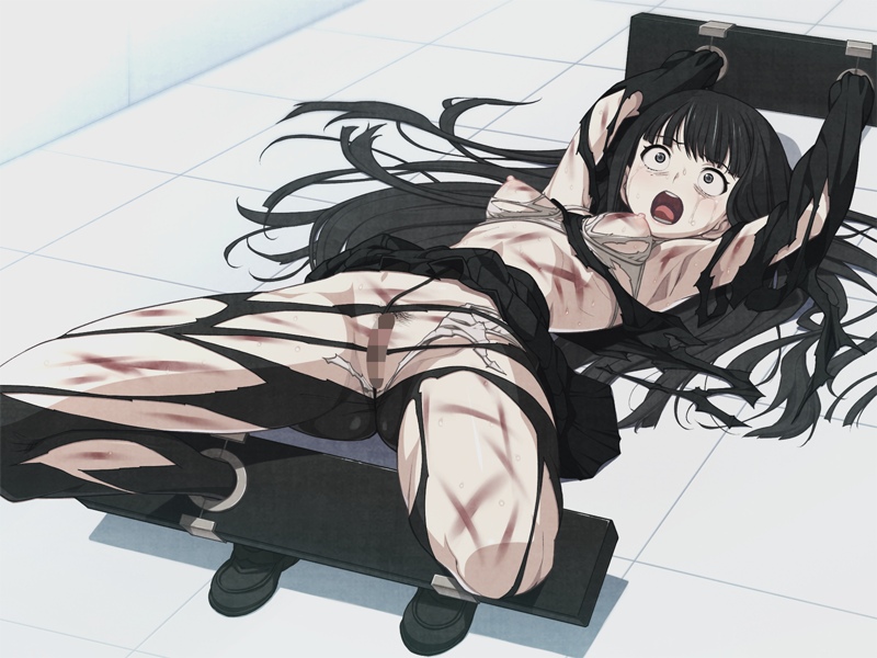 1girl abuse arched_back arms_above_head arms_up bdsm black_hair bondage bound bra breasts byakuya_rinne censored erect_nipples euphoria euphoria_(clockup) fear injured injury laying long_hair lying on_back open_mouth pain pillory pussy restrained scared school_uniform screaming shirt shoes skirt skirt_lift stocks surprise surprised tears thighhighs torn_bra torn_clothes torn_shirt torn_thighhighs torture underwear whip_marks wide-eyed wide_eyes wounds