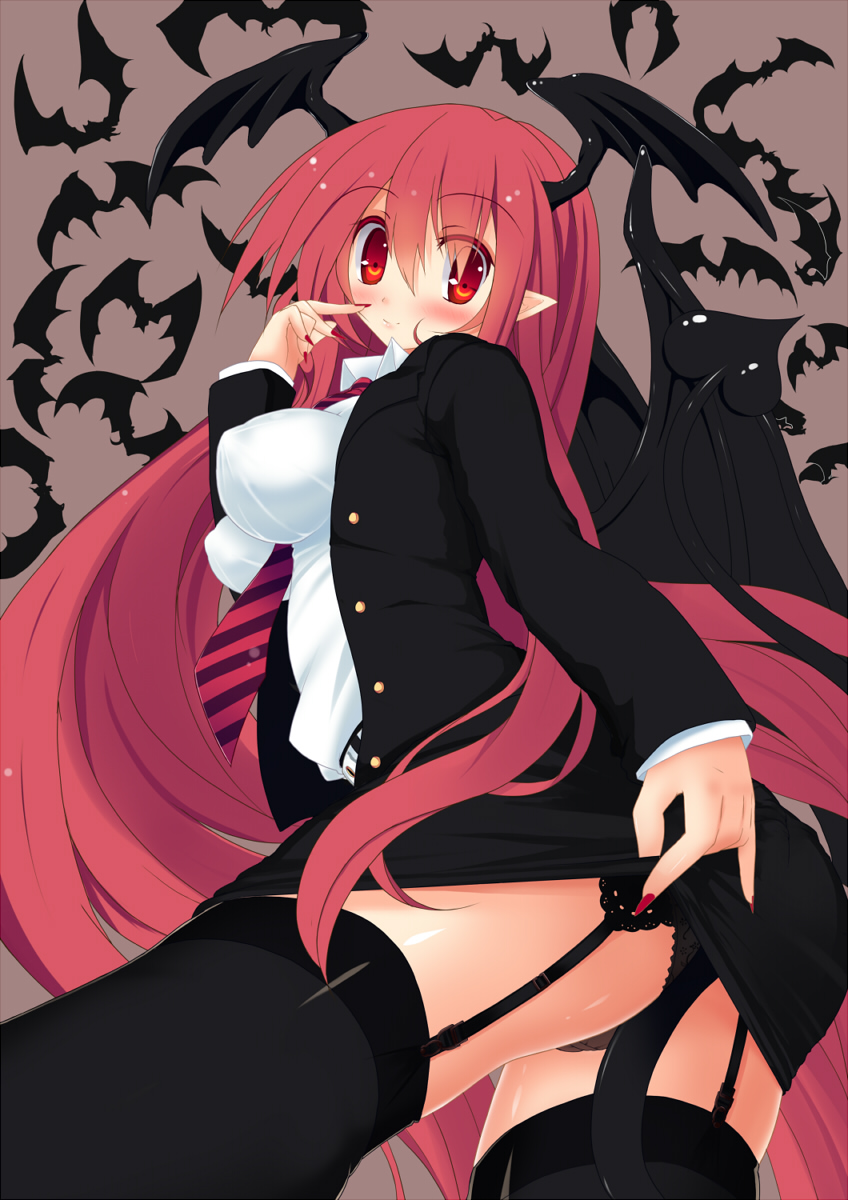 ass bad_id bad_pixiv_id bat black_legwear black_panties blush breasts demon_tail demon_wings foreshortening from_below garter_straps head_wings highres impossible_clothes impossible_shirt koakuma large_breasts long_hair looking_at_viewer nagai_wataru nail_polish necktie panties pointy_ears red_eyes red_hair red_nails shirt skirt skirt_lift smile solo striped striped_neckwear tail thighhighs touhou underwear very_long_hair wings