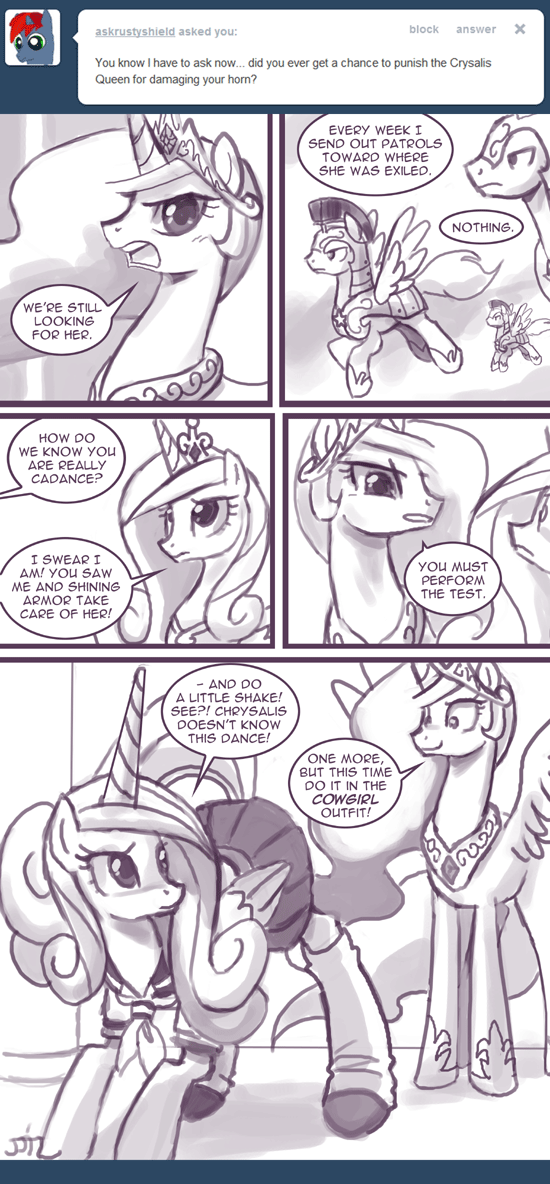 bent_over comic crown dancing dialog dialogue english_text equine female feral friendship_is_magic hair horn horse john_joseco long_hair male mammal monochrome my_little_pony pegasus pony princess_cadance_(mlp) princess_cadence_(mlp) princess_celestia_(mlp) royal_guard_(mlp) text tiara tumblr wing_boner winged_unicorn wings
