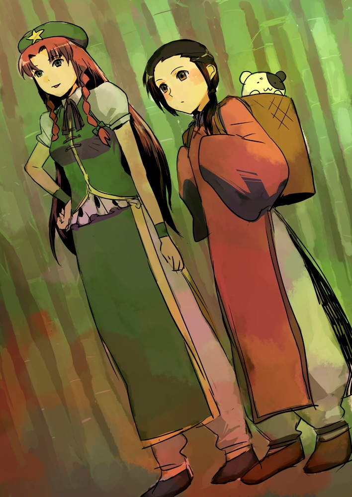 1girl :3 axis_powers_hetalia bamboo bamboo_forest bamboo_maro basket bear bloomers bow braid brown_eyes brown_hair china_(hetalia) chinese_clothes crossover dress forest green_eyes hair_bow hair_ornament hat hong_meiling long_hair long_sleeves namesake nature ponytail pun ribbon touhou underwear wrist_cuffs