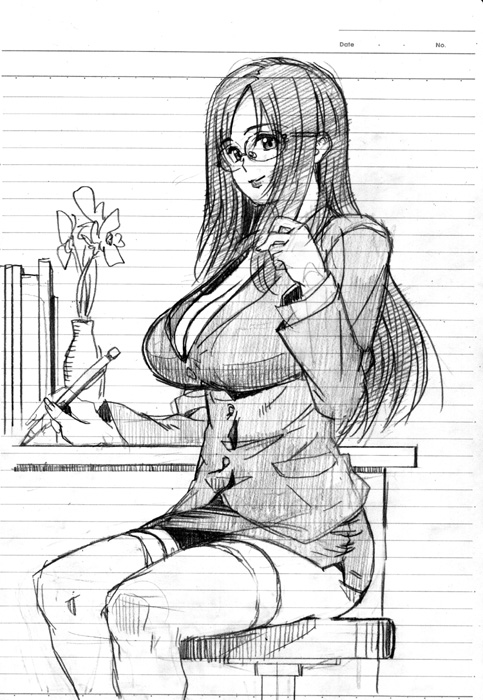 breasts cleavage drain_(evork_festa) formal glasses graphite_(medium) greyscale indoors jacket large_breasts lined_paper looking_at_viewer miniskirt monochrome office_lady original pencil_skirt sagging_breasts scan sitting sketch skirt skirt_suit smile solo suit teacher thighhighs traditional_media