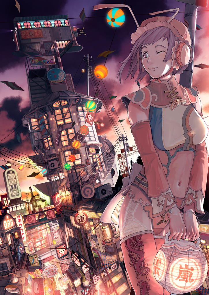 breasts building center_opening china_dress chinese_clothes city closed_mouth copyright_request detached_sleeves dress dutch_angle hat holding kite lamp lantern light medium_breasts mob_cap navel one_eye_closed outdoors paper_lantern power_lines sign smile solo stairs stomach teikoku_shounen thighhighs thighs v_arms
