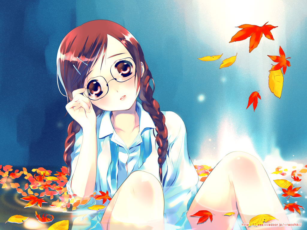 888 adjusting_eyewear bangs blue_background blue_neckwear blush braid brown_eyes brown_hair collared_shirt dress_shirt falling_leaves glasses hair_ornament hair_over_shoulder hairclip head_tilt knees_up leaf light_particles long_hair long_sleeves looking_at_viewer maple_leaf original parted_lips partially_submerged shirt sitting sleeves_rolled_up solo swept_bangs twin_braids twintails untied water watermark web_address white_shirt