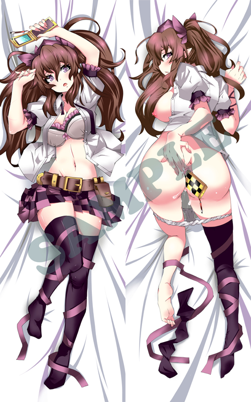 ass barefoot belt blush bra breasts brown_hair cellphone cleavage collarbone dakimakura hat himekaidou_hatate large_breasts long_hair lying multiple_views navel nipples object_insertion open_mouth panties phone pm_ringo pointy_ears pouch puffy_sleeves purple_eyes pussy_juice sample short_sleeves thighhighs tokin_hat touhou twintails underwear vaginal vaginal_object_insertion