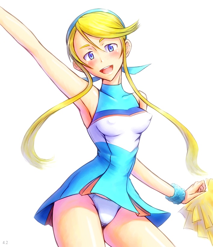 :d bare_shoulders blonde_hair blue_eyes bonnie_(rsg) breasts cheerleader covered_nipples hairband heroman lina_davis long_hair open_mouth panties pom_poms smile solo underwear wristband