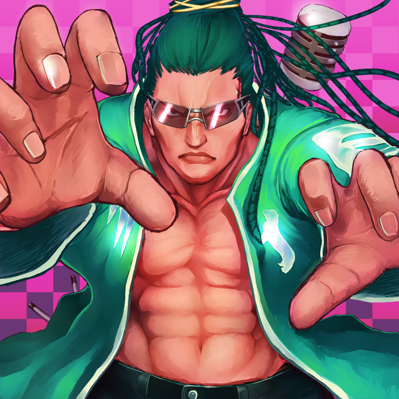 abs alternate_costume alternate_hairstyle beck_(425233) eyewear_removed green_hair lips long_hair male_focus microphone microphone_stand nose open_clothes pectorals ringlets solo sunglasses tan virtua_fighter virtua_fighter_5:_final_showdown wolf_hawkfield