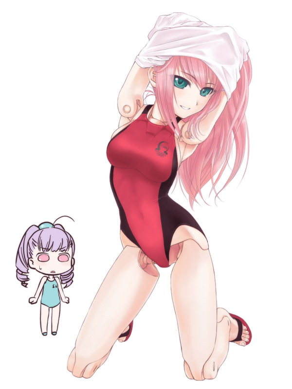 ach ahoge aqua_eyes arms_up bad_id bad_pixiv_id breasts busou_shinki chibi chibi_inset competition_swimsuit doll_joints drill_hair feet flip-flops kneeling large_breasts long_hair looking_at_viewer multiple_girls one-piece_swimsuit pink_hair pink_swimsuit purple_eyes purple_hair sandals simple_background smile swimsuit takanashi undressing white_background yda