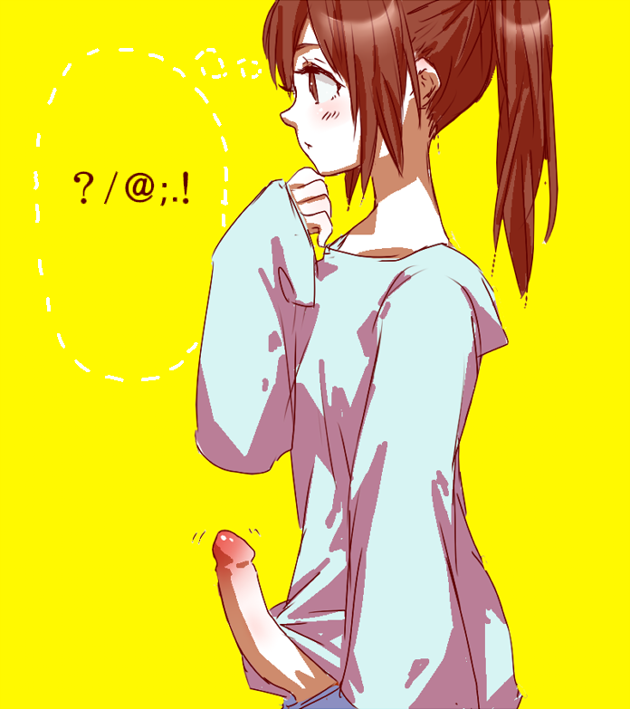 1boy androgynous blush brown_eyes brown_hair cho-_-cho erect erection long_hair open_mouth original penis ponytail shirt simple_background sleeves_past_wrist sleeves_past_wrists solo trap