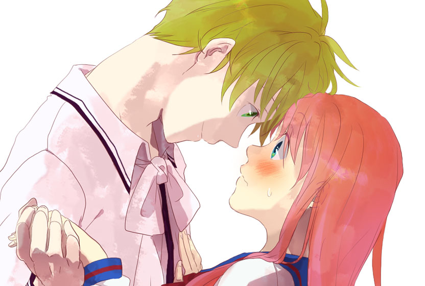 1girl blush couple daidouji_mayura dancing eye_contact face-to-face forehead-to-forehead green_eyes hetero holding_hands loki_(matantei_loki_ragnarok) long_hair looking_at_another matantei_loki_ragnarok pink_hair school_uniform serafuku short_hair smile yu_(kito)