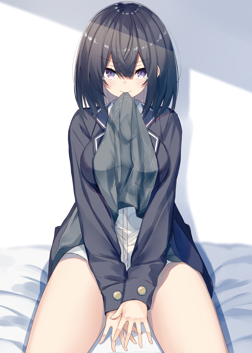 1girl bangs bed_sheet between_legs black_hair black_jacket blazer blush breasts closed_mouth collared_shirt commentary_request dress_shirt eyebrows_visible_through_hair grey_skirt hair_between_eyes hand_between_legs highres jacket kavka lifted_by_self long_sleeves medium_breasts mouth_hold open_blazer open_clothes open_jacket original purple_eyes shadow shirt sitting skirt skirt_in_mouth skirt_lift sleeves_past_wrists solo tears white_background white_shirt