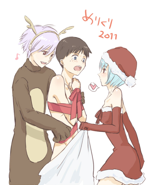 1girl 2boys animal_costume ayanami_rei bdsm bondage bound bound_wrists brown_hair christmas clothed_female_nude_male clothed_on_nude elbow_gloves femdom forced gloves hat ikari_shinji imminent_rape multiple_boys neon_genesis_evangelion nude rape red_eyes reindeer_costume ribbon ribbons santa_claus submissive tears white_hair