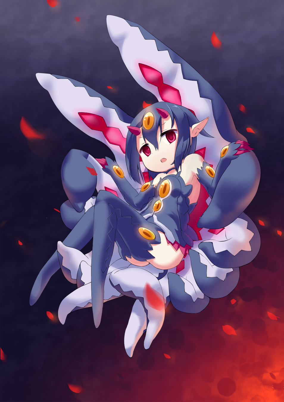 blue_hair colorized desco_(disgaea) detached_sleeves disgaea dress highres horns makai_senki_disgaea_4 monster_girl pointy_ears red_eyes short_hair solo strapless strapless_dress tentacles thighhighs usotsuki_penta