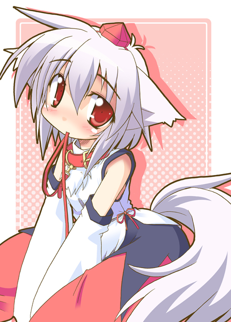 animal_ears bare_shoulders blush collar detached_sleeves hat inubashiri_momiji leash mouth_hold red_eyes short_hair silver_hair simple_background solo suzukishi tail tokin_hat touhou wolf_ears wolf_tail