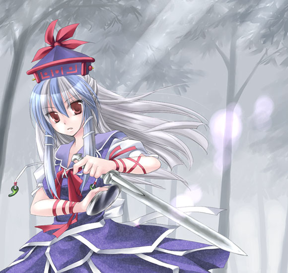 asahina hat kamishirasawa_keine long_hair multicolored_hair ribbon solo sword touhou weapon