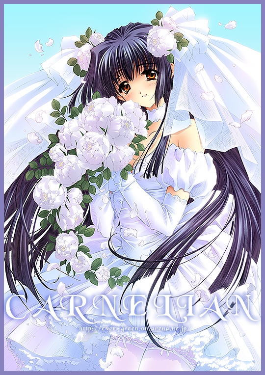 bouquet bride carnelian dress elbow_gloves flower gloves kao_no_nai_tsuki kuraki_suzuna long_hair purple_hair solo wedding_dress