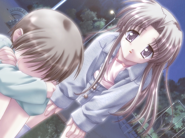 1boy 1girl asou_daisuke canvas cocktail_soft f&amp;c game_cg gayarou grass hands_on_knees lamppost leaning_forward long_hair night outdoors purple_eyes shinomiya_yuu sitting skirt sky tears tree trees