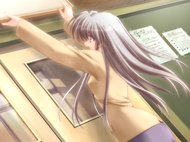 1girl canvas cocktail_soft f&amp;c game_cg gayarou indoors lifting long_hair open_mouth school shadow shinomiya_yuu solo sweat window