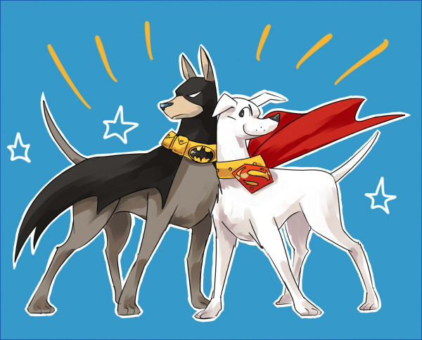 ace_(dc) bat_symbol batman_(series) cape collar dc_comics dog emblem krypto marimo_jj no_humans s_shield superman_(series) superman_symbol
