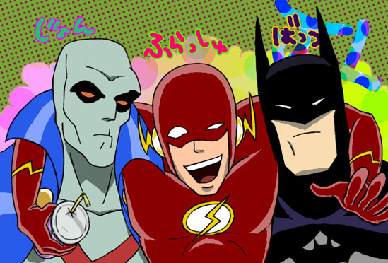 3boys batman bruce_wayne dc_comics dcau green_skin j'onn_j'onzz j'onn_j'onzz justice_league lightning_bolt male male_focus martian_manhunter mask multiple_boys smile the_flash wally_west