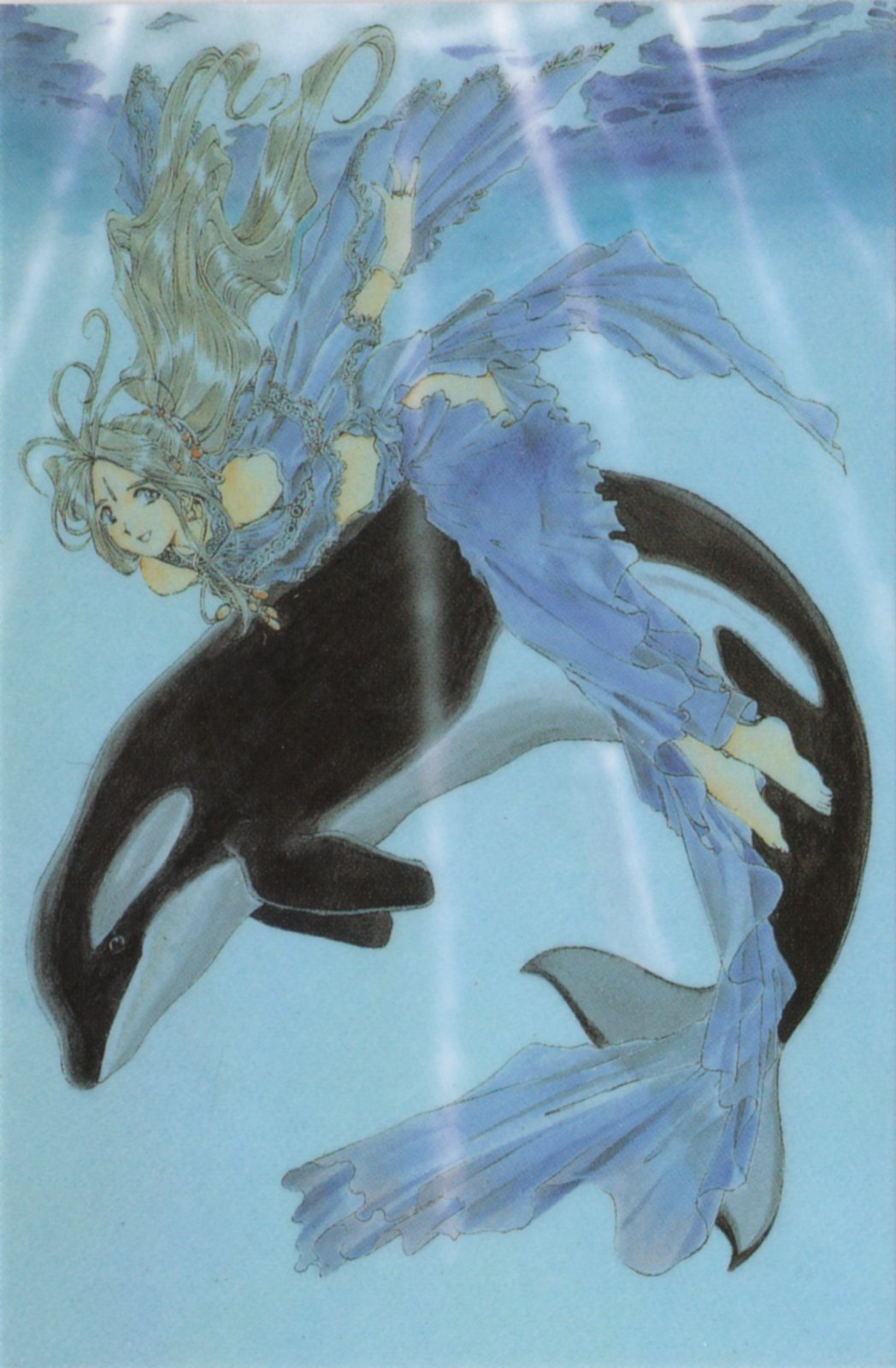 90s aa_megami-sama belldandy bracelet dress facial_mark forehead_mark fujishima_kousuke highres jewelry long_hair solo swimming underwater whale