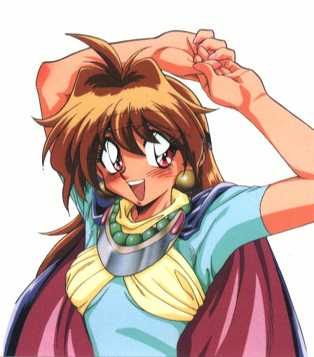 90s :d araizumi_rui blush brown_eyes brown_hair collar earrings jewelry lina_inverse necklace open_mouth pearl_necklace short_sleeves simple_background slayers smile solo stretch upper_body white_background