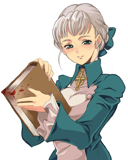 alice_elliot artist_request blood blood_splatter blue_eyes blush book collar holding holding_book long_sleeves looking_at_viewer shadow_hearts silver_hair simple_background solo white_background