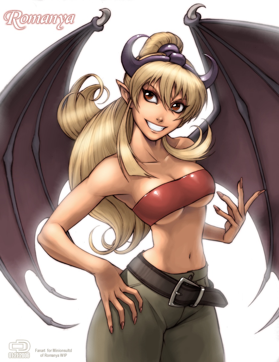 bandeau belt blonde_hair breasts copyright_request demon_girl demon_wings highres horns large_breasts midriff omar_dogan pointy_ears solo strapless tubetop wings