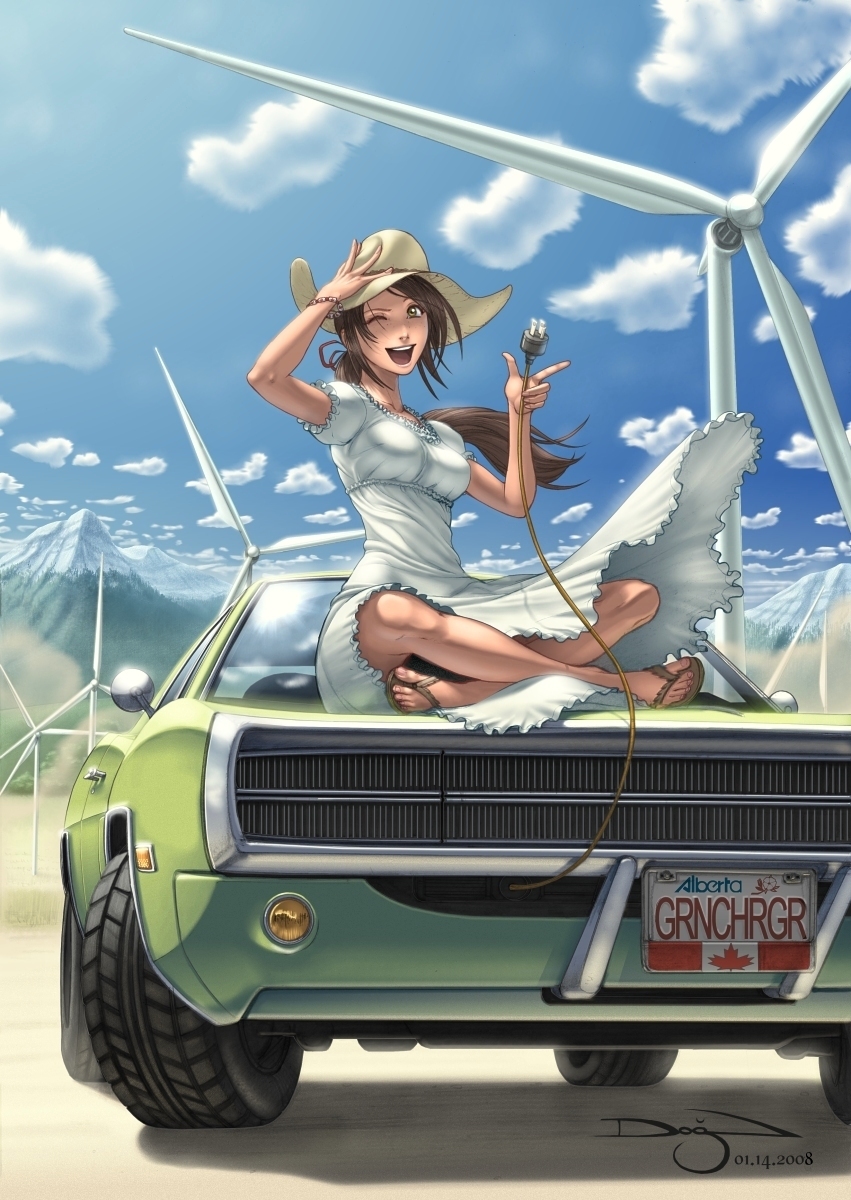 brown_hair canada car cloud day dodge dodge_charger ground_vehicle hat highres indian_style long_hair motor_vehicle mountain omar_dogan on_vehicle one_eye_closed open_mouth ponytail sandals signature sitting sky smile solo wind_turbine windmill