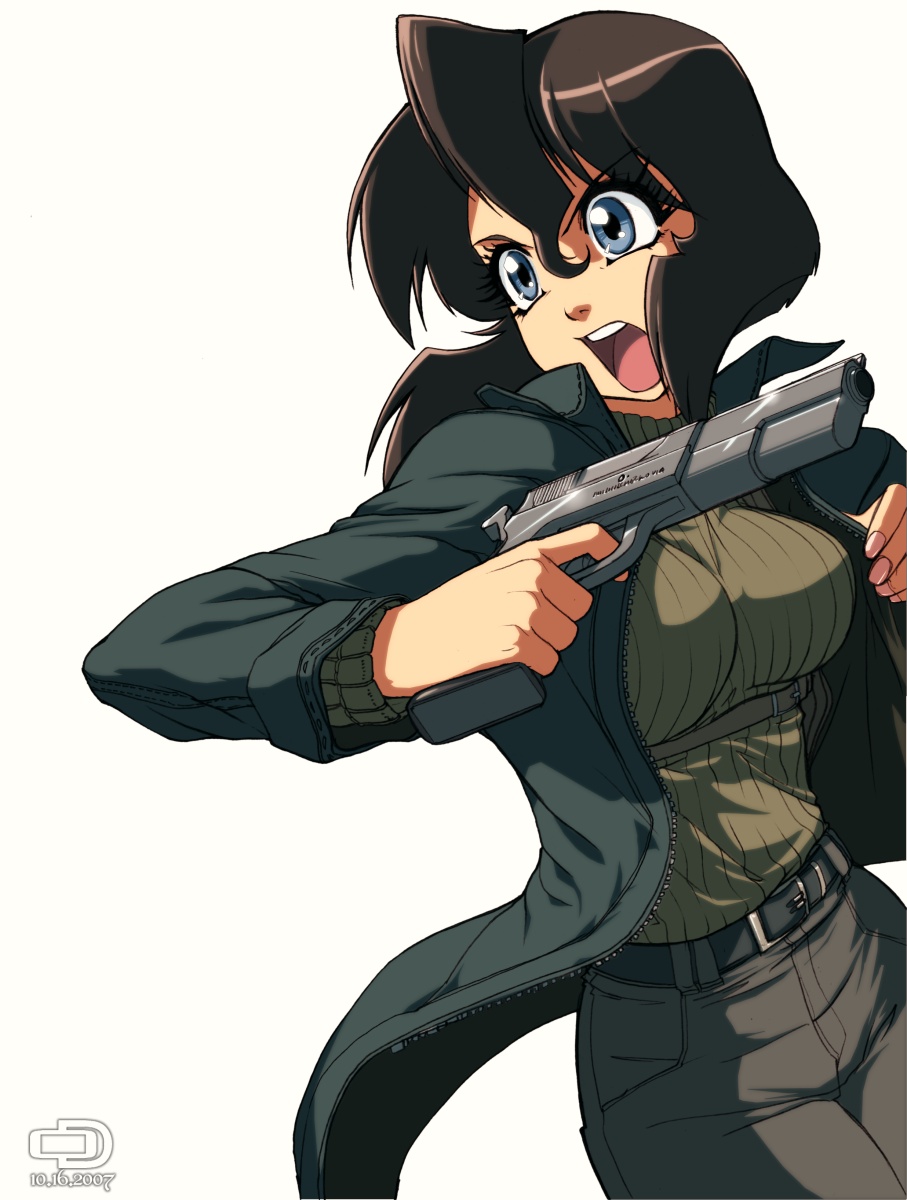 black_hair blue_eyes bob_cut breasts brown_hair coat cocked_hammer dated gun gunsmith_cats handgun highres holster jacket large_breasts nail_polish omar_dogan open_clothes open_coat open_mouth pink_nails pistol rally_vincent ribbed_sweater short_hair shoulder_holster sidelocks solo sweater turtleneck unzipped weapon