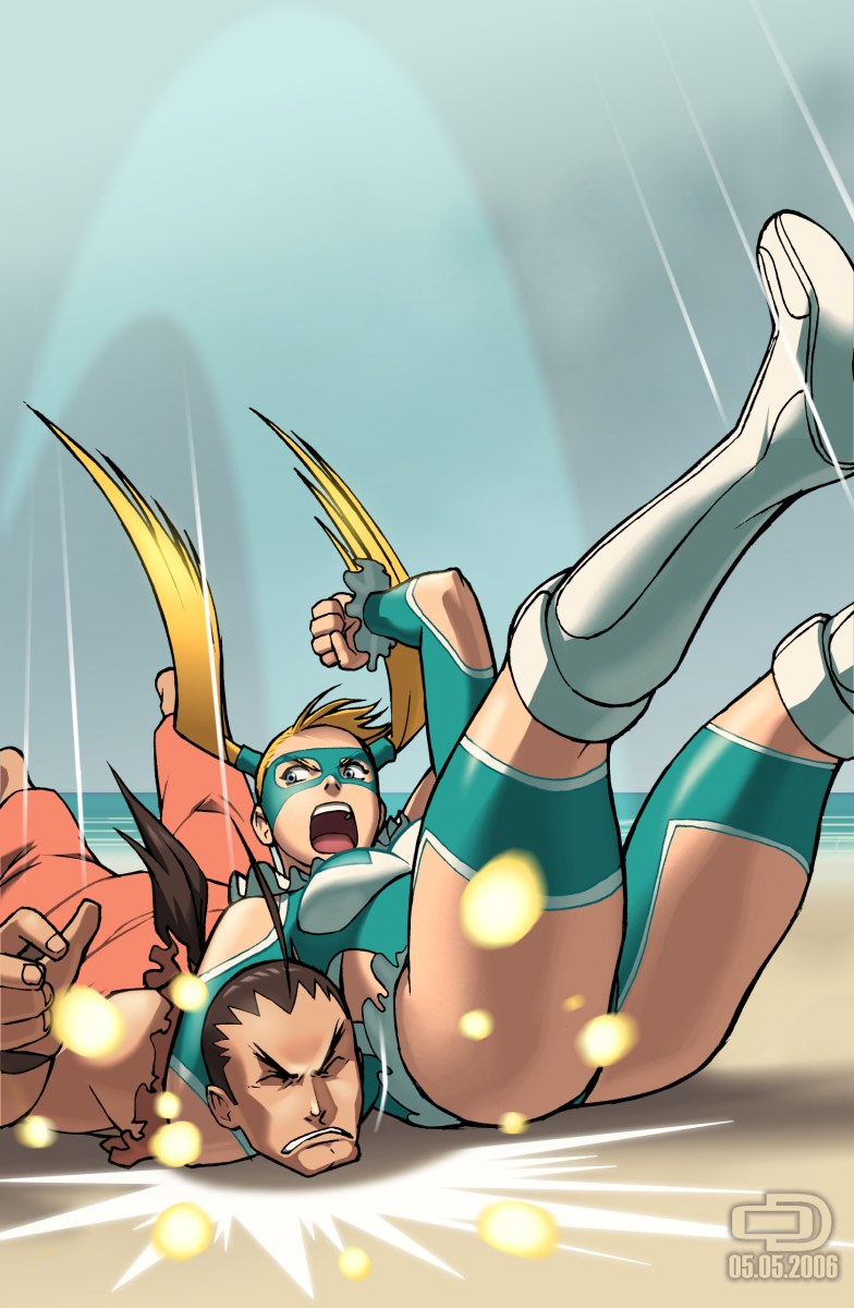 1girl :d ass battle blue_leotard bodysuit brown_hair clenched_hand closed_eyes duel elbow_gloves fallen_down fingerless_gloves gloves hibiki_dan highres leotard lying omar_dogan on_stomach open_mouth ponytail rainbow_mika smile street_fighter twintails wince