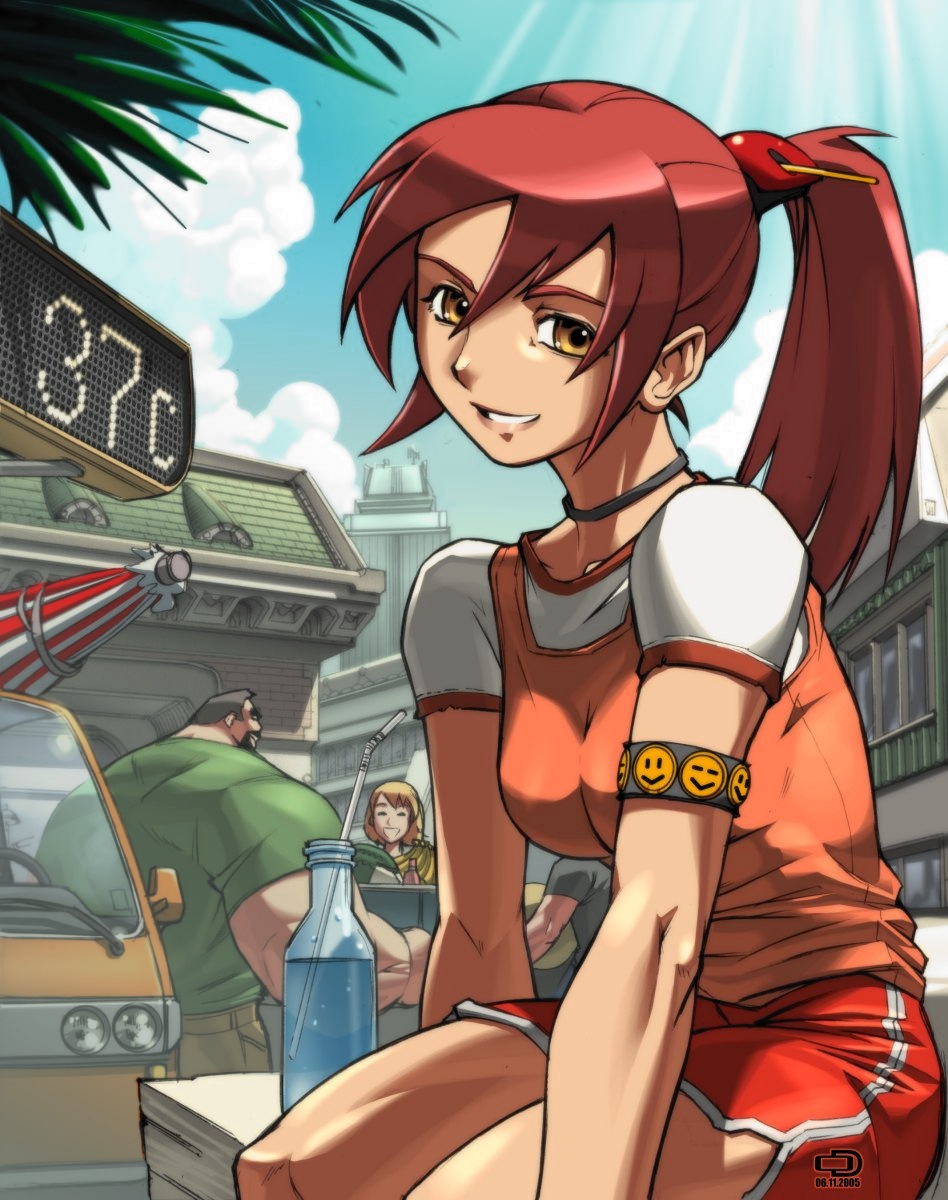 armband bottle city cloud copyright_request day highres omar_dogan ponytail red_hair shorts sky smile solo yellow_eyes
