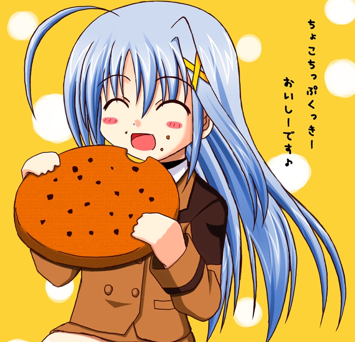 ^_^ blue_hair blush closed_eyes cookie double-breasted eating food food_on_face hair_ornament lask long_hair lyrical_nanoha mahou_shoujo_lyrical_nanoha_strikers military military_uniform minigirl open_mouth reinforce_zwei solo source_request translated tsab_ground_military_uniform uniform x_hair_ornament