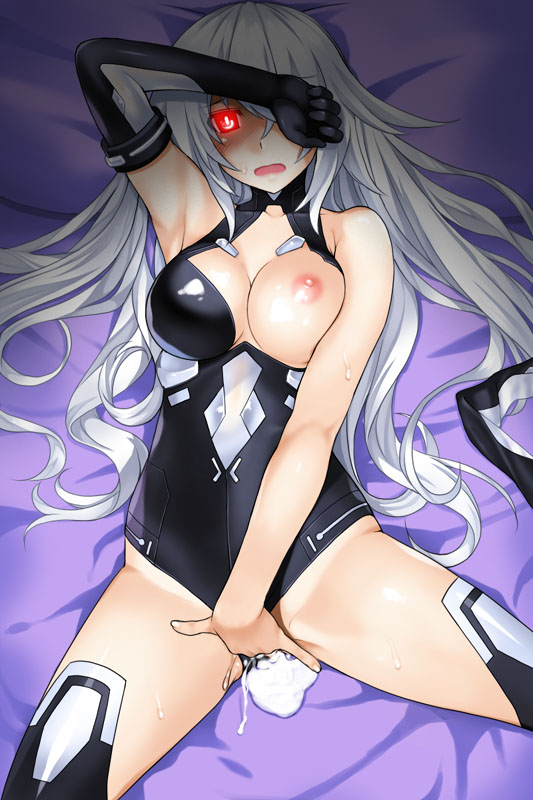 :o after_sex alternate_eye_color armlet armpits bad_id bad_pixiv_id bangs bare_shoulders bed_sheet black_gloves black_heart black_legwear blush breast_slip breasts cleavage cleavage_cutout clenched_hand clothed_masturbation commentary_request cum cum_in_pussy cum_pool cumdrip elbow_gloves fingering from_above gloves gloves_removed glowing glowing_eyes groin groin_tendon hair_over_one_eye halterneck hand_on_own_face highleg highleg_leotard hips kamia_(not_found) large_breasts leotard leotard_aside long_hair looking_at_viewer lying magical_girl masturbation moaning neptune_(series) nipples on_back on_bed one_breast_out open_mouth power_symbol pussy_juice raised_eyebrows red_eyes shade single_elbow_glove single_glove solo spread_legs sweat symbol-shaped_pupils thighhighs turtleneck very_long_hair wavy_hair