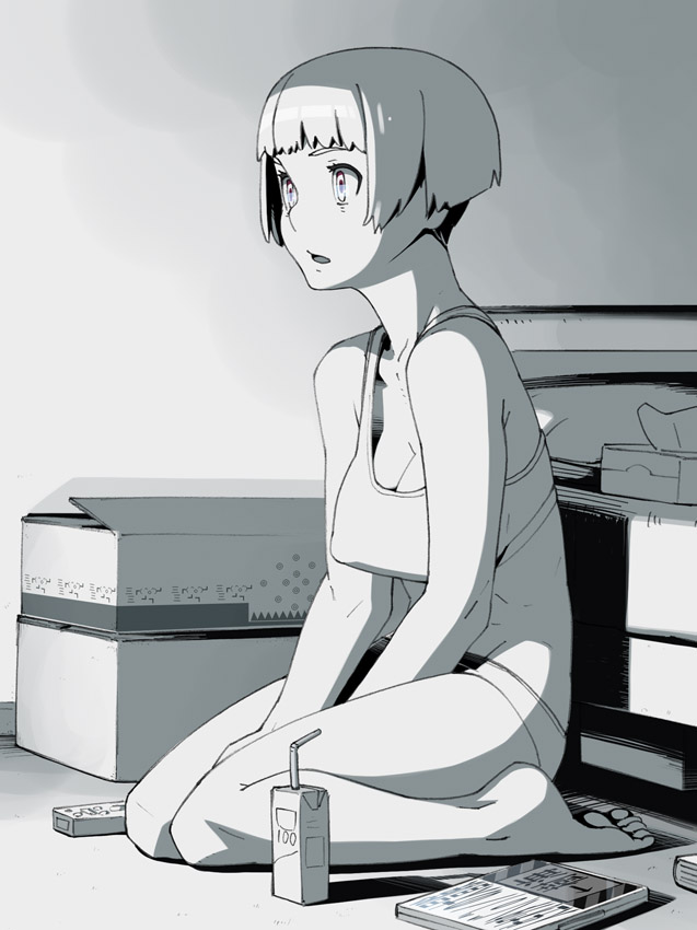 box bra breasts cardboard_box cleavage controller covered_nipples drink go_robots greyscale juice_box kneeling lingerie medium_breasts midriff monochrome original panties remote_control short_hair sitting solo sports_bra tissue underwear underwear_only wariza watching