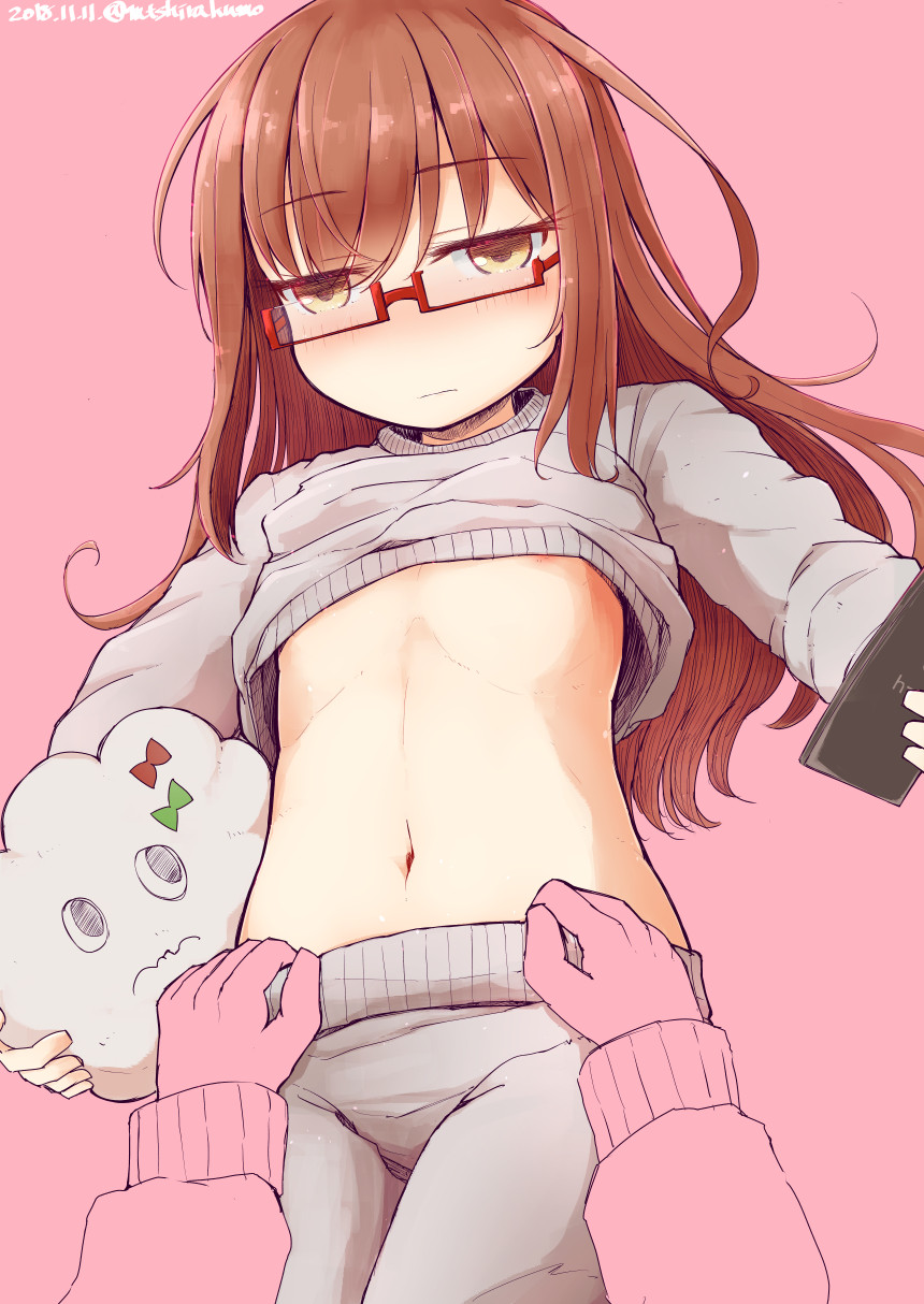 areola_slip areolae blush brown_hair cellphone dated flat_chest hakuun_(m2230) kantai_collection long_hair mochizuki_(kantai_collection) navel no_bra pants phone pink_background red-framed_eyewear semi-rimless_eyewear simple_background smartphone solo_focus sweater sweatpants twitter_username