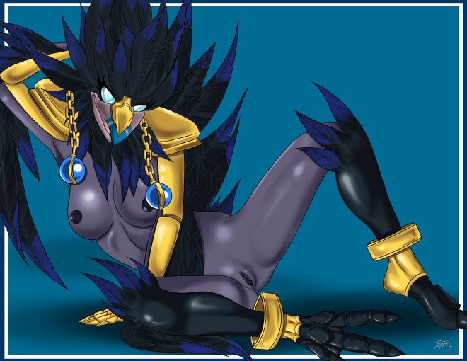 anthro anzu avian beak bird blue_eyes breasts crow female glowing glowing_eyes looking_at_viewer nipples pose pussy quake-1 raven raven_lord solo spread_legs spreading video_games warcraft world_of_warcraft